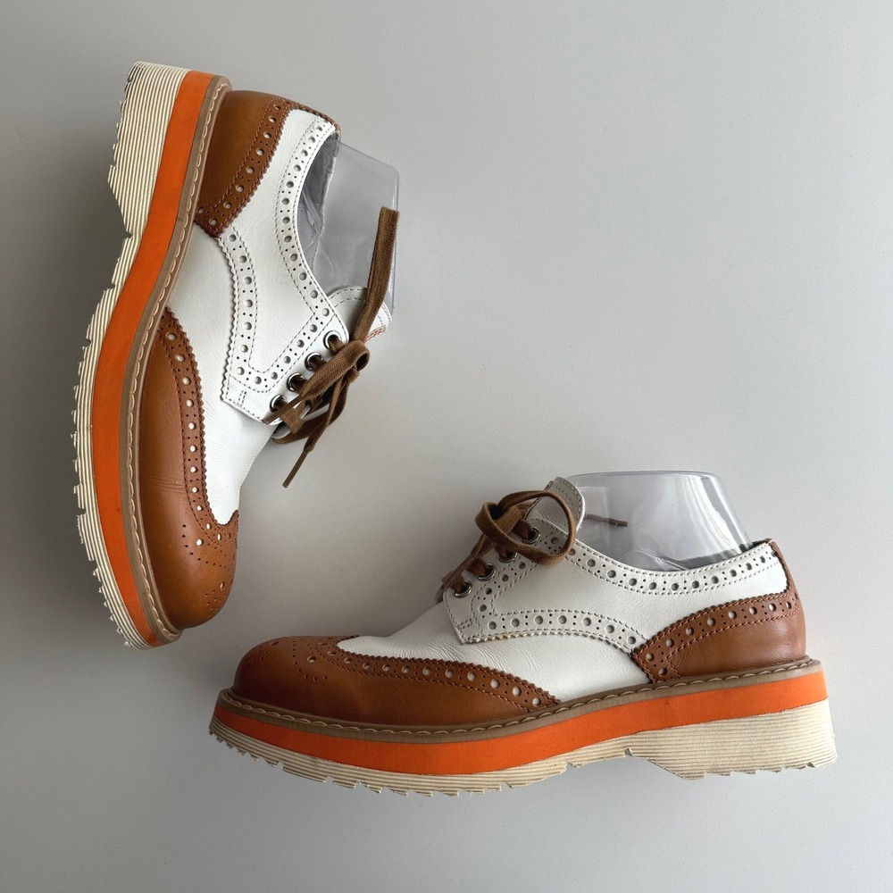 Prada Two Tone Perforated Leather Platform Brogues Brown White Shoes US size 7.5